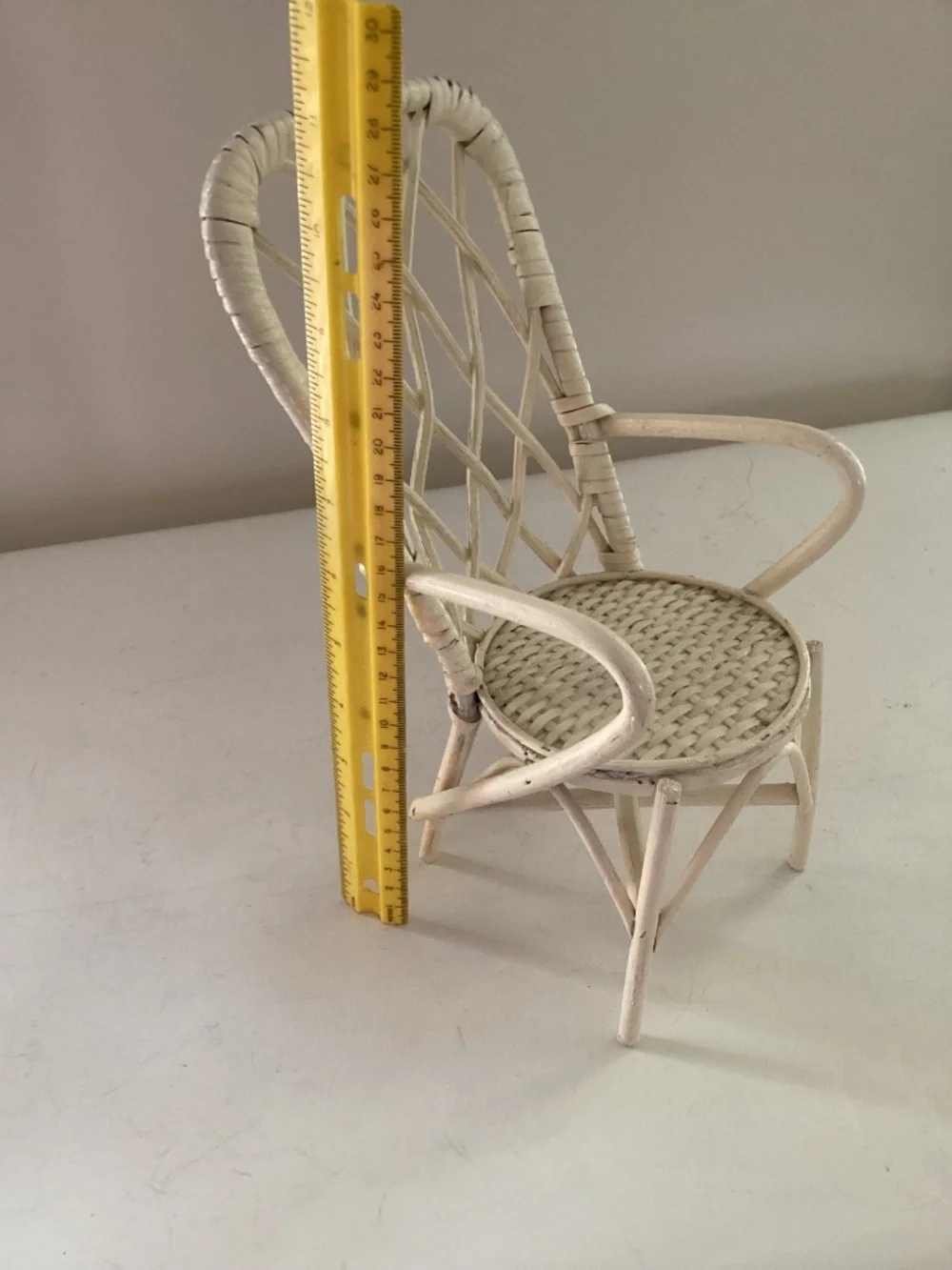 Mini off-white wicker chair for decor or doll/stuffed animal display